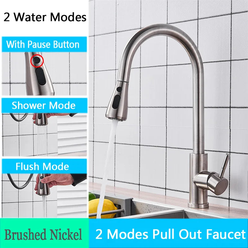 Nickel Kitchen Faucet – Single Hole Pull-Out Spout Kitchen Sink Mixer Tap with Stream Sprayer Head