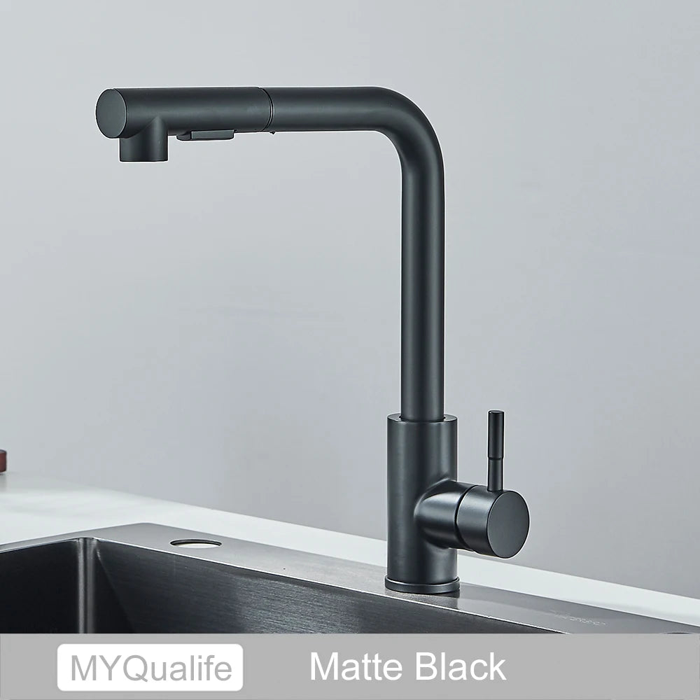 Black Pull-Out Kitchen Sink Faucet | Deck Mounted Stream Sprayer Mixer Tap | Single Handle Hot & Cold Water Tap