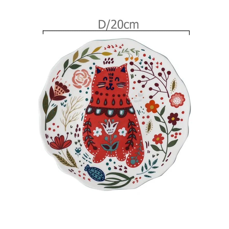 Colorful  Flower Kitten Under Glazed Ceramic Dinner Plate