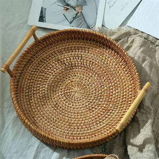 Handwoven Rattan Round Serving Tray with High Walls and Handles