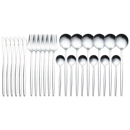 24pcs Stainless Steel Tableware Set - Dishwasher Safe