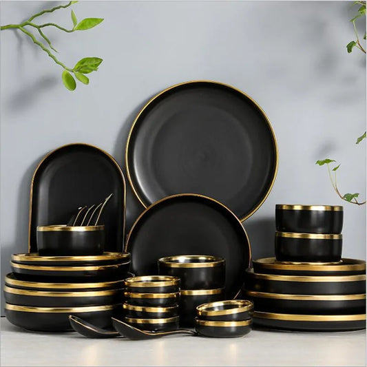 Gilt Rim Black Porcelain Tableware Set – Elegant Ceramic Dinnerware for Home, Hotel, and Restaurant Use