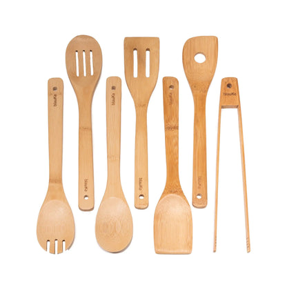 Wooden Spoons for Cooking 7-Pack - Bamboo Kitchen Utensils Set for Nonstick Cookware