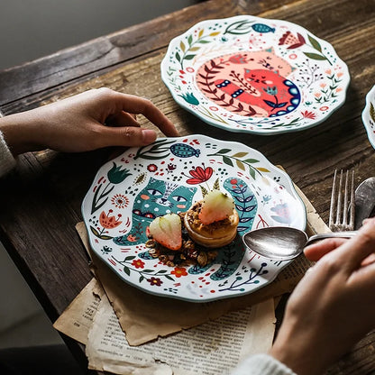 Colorful  Flower Kitten Under Glazed Ceramic Dinner Plate