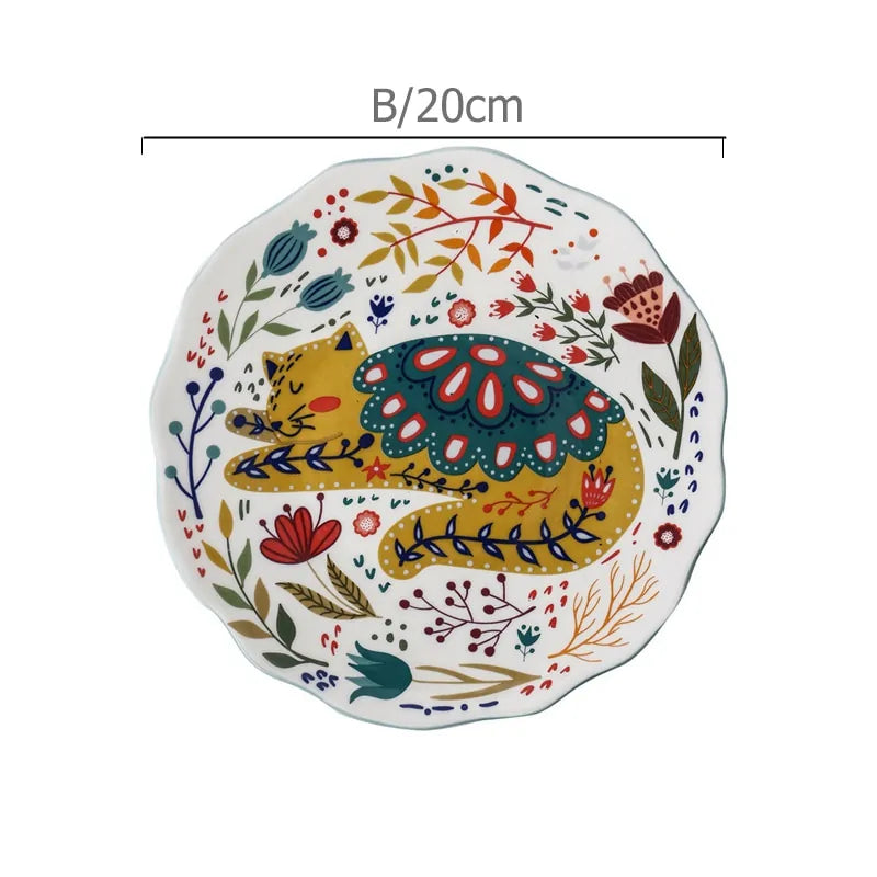 Colorful  Flower Kitten Under Glazed Ceramic Dinner Plate