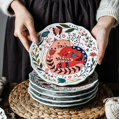 Colorful  Flower Kitten Under Glazed Ceramic Dinner Plate