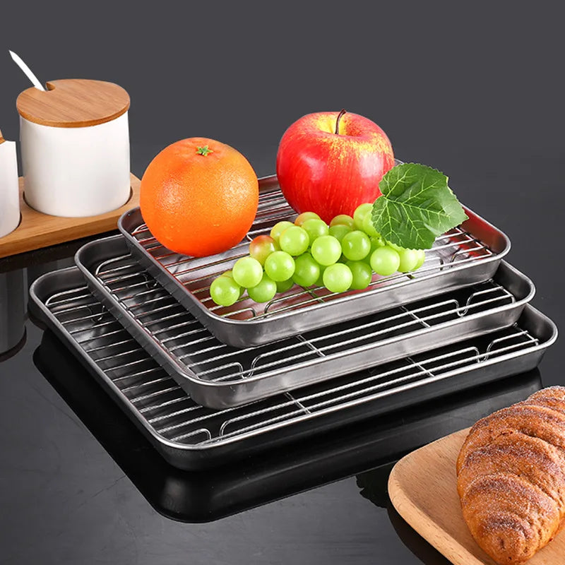 304 Stainless Steel Baking Tray with Removable Cooling Rack – Non-Stick BBQ & Cake Pan Set