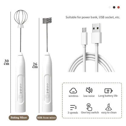 2-in-1 USB Rechargeable Electric Egg Beater & Milk Frother – Mini Handheld Mixer with Double Heads