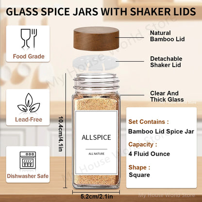 Glass Spice Jars with Bamboo Lids - Modern Kitchen Spice Organizer Set