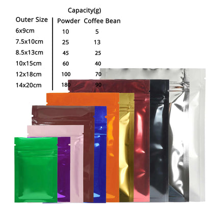 Flat  Aluminum Foil Mylar Ziplock Pouches Various Size Glossy Bag, 100pcs Heat Sealing Zipper Organizer Storage Bags