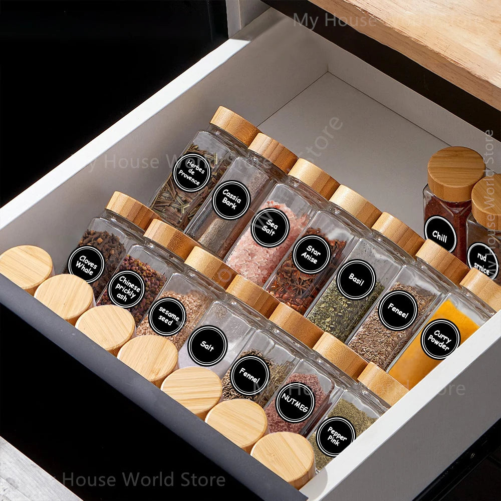 Glass Spice Jars with Bamboo Lids - Complete Spice Organizer Set