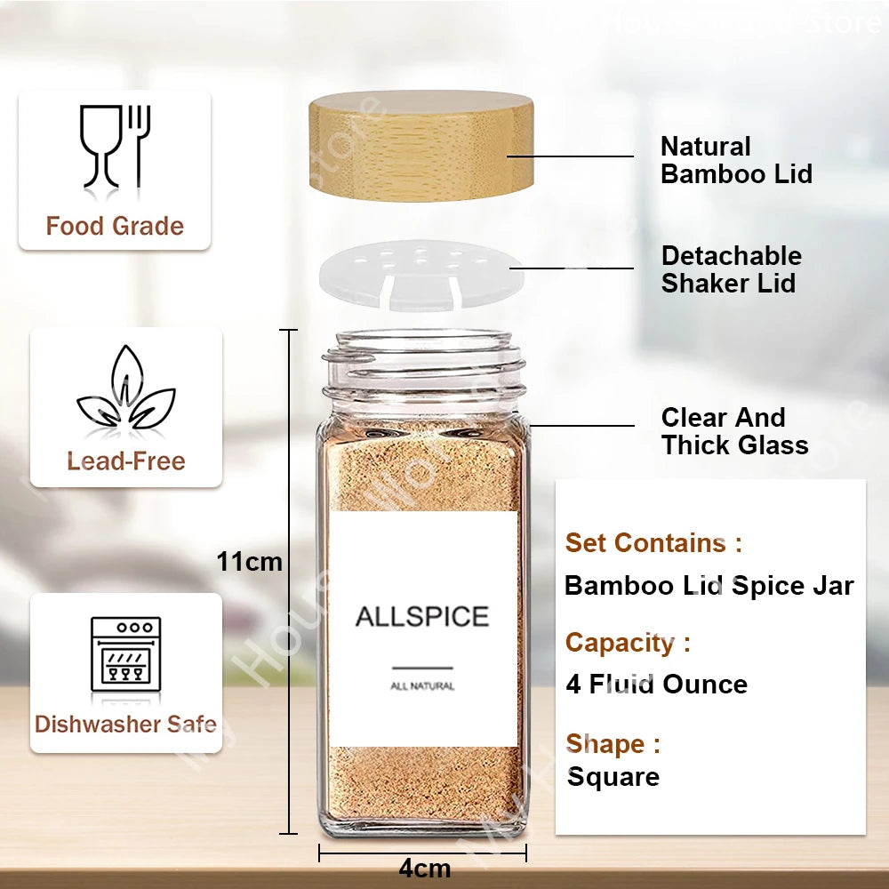 Glass Spice Jars with Bamboo Lids - Complete Spice Organizer Set