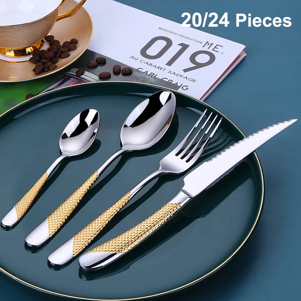 8/12/16/20/24-Piece Gold & Silver Plated Stainless Steel Cutlery Set