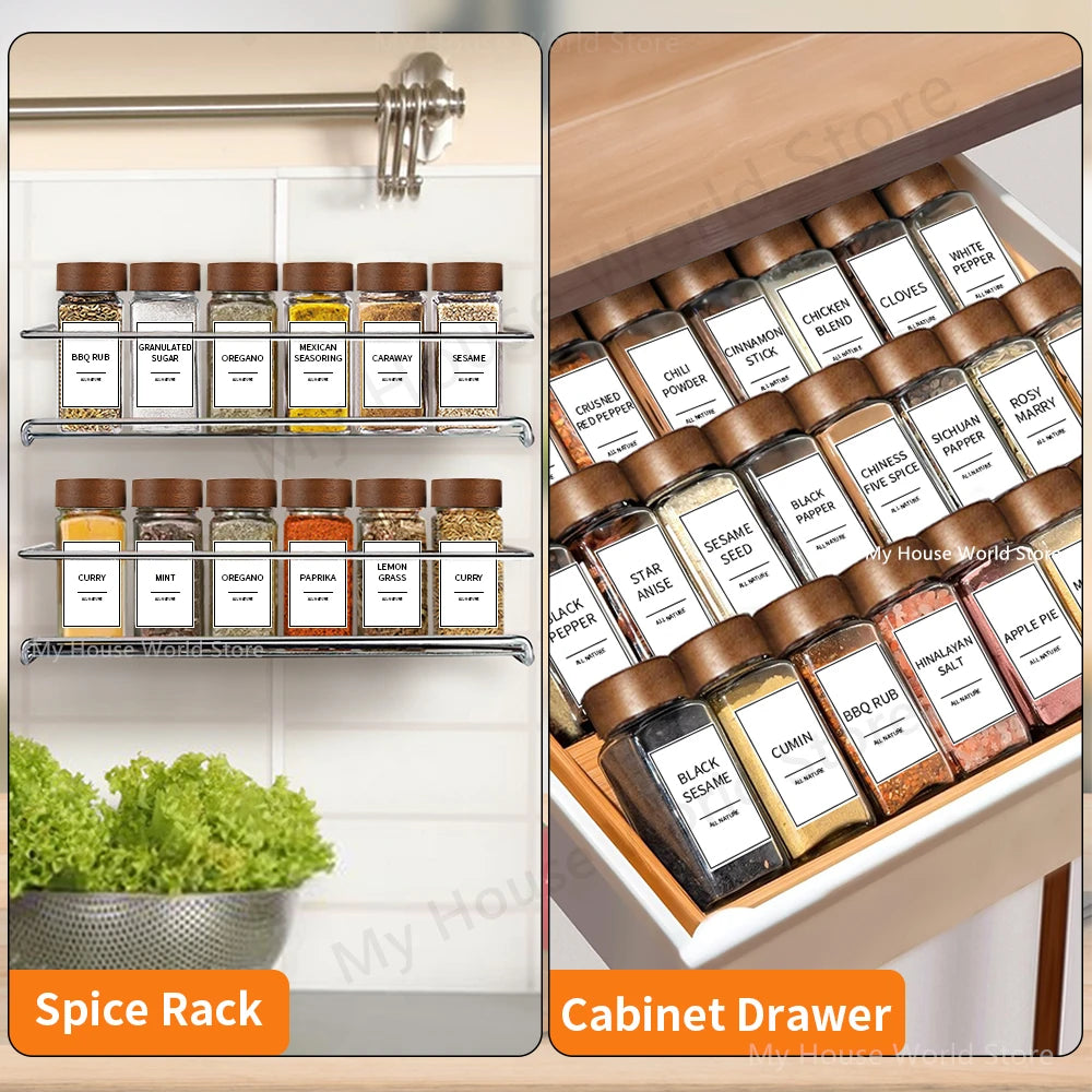 Glass Spice Jars with Bamboo Lids - Modern Kitchen Spice Organizer Set