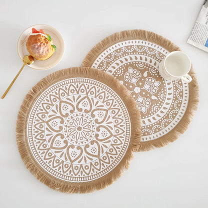 2PC Woven Jute Placemats Tassels Mats Round Table Mats