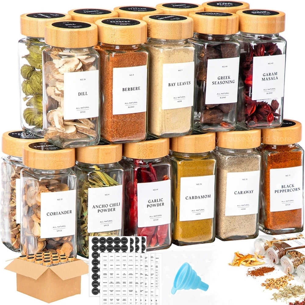 Glass Spice Jars with Bamboo Lids - Complete Spice Organizer Set