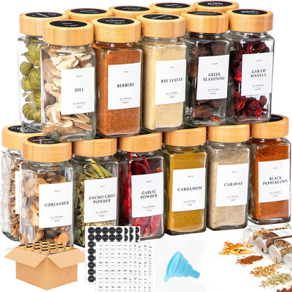 Glass Spice Jars with Bamboo Lids - Complete Spice Organizer Set