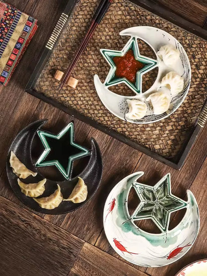 Dumpling Tray with Vinegar Dish, Breakfast Plate, Ceramic