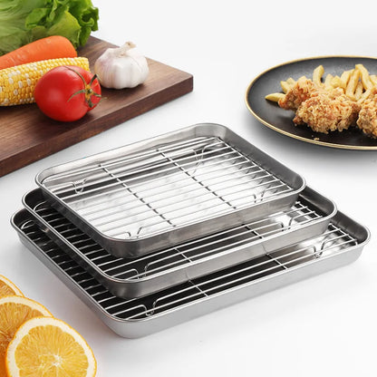 304 Stainless Steel Baking Tray with Removable Cooling Rack – Non-Stick BBQ & Cake Pan Set