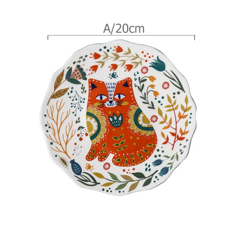 Colorful  Flower Kitten Under Glazed Ceramic Dinner Plate