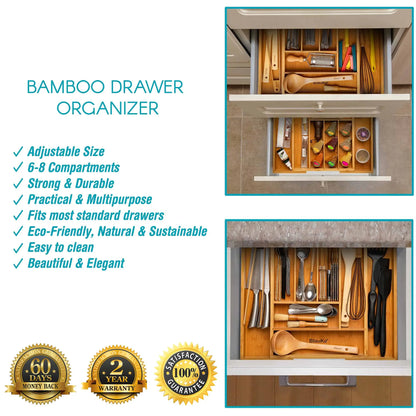 Expandable Bamboo Drawer Organizer with 6-8 Compartments