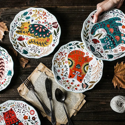 Colorful  Flower Kitten Under Glazed Ceramic Dinner Plate