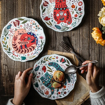 Colorful  Flower Kitten Under Glazed Ceramic Dinner Plate