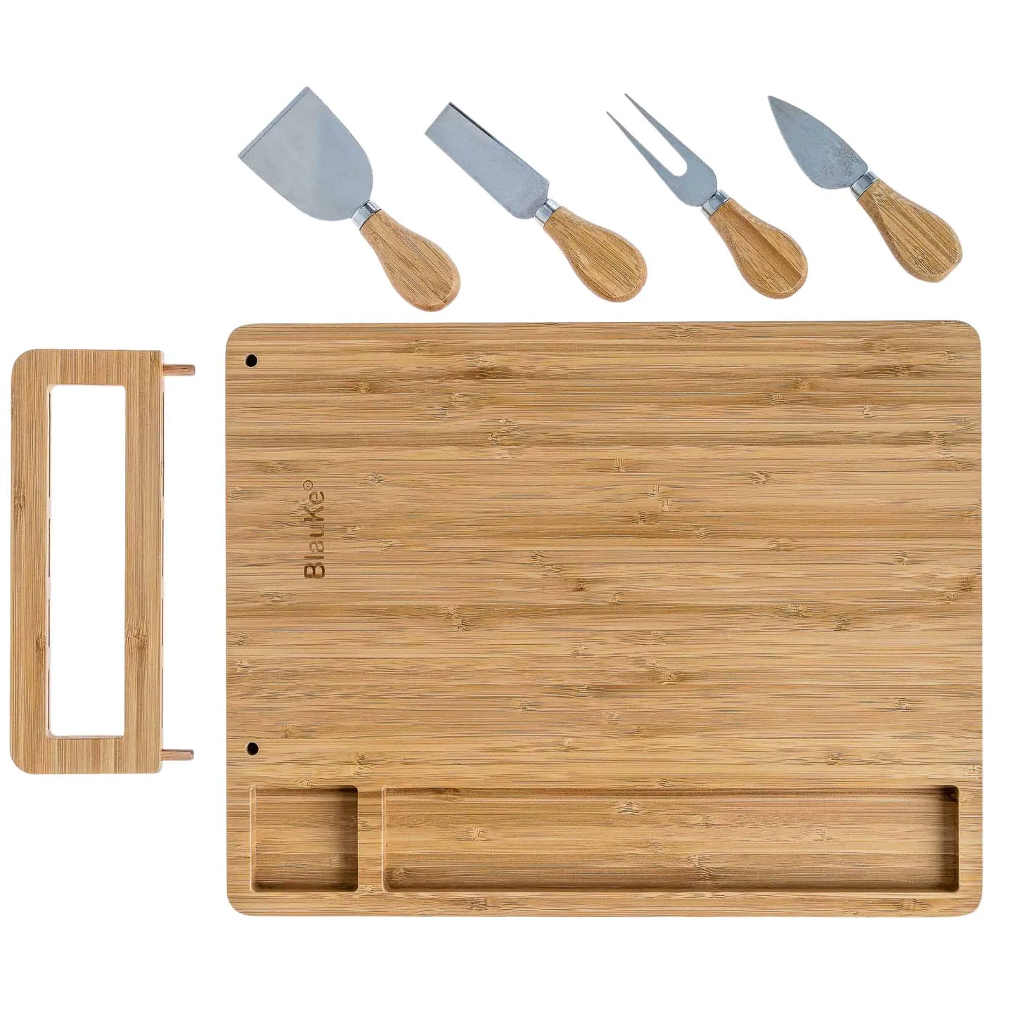 Bamboo Cheese Board and Knife Set - 14x11 inch Charcuterie Board with 4 Cheese Knives - Wood Serving Tray