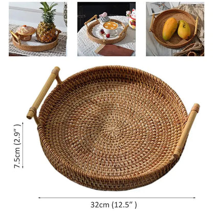 Handwoven Rattan Round Serving Tray with High Walls and Handles