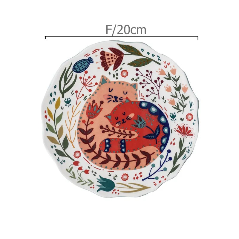 Colorful  Flower Kitten Under Glazed Ceramic Dinner Plate