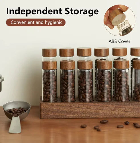 Walnut Wood Coffee & Tea Storage Tube Set - Glass Containers with Display Rack