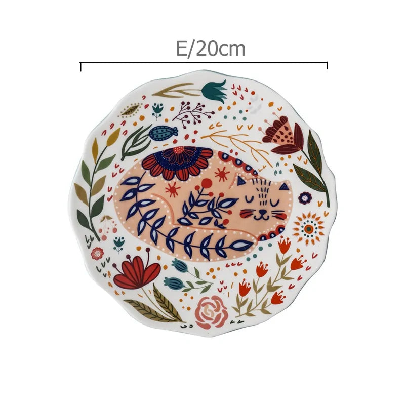 Colorful  Flower Kitten Under Glazed Ceramic Dinner Plate