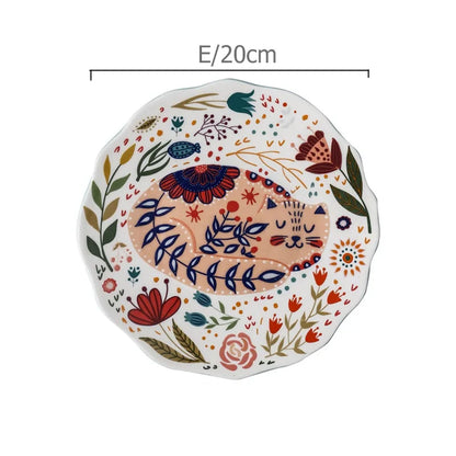 Colorful  Flower Kitten Under Glazed Ceramic Dinner Plate