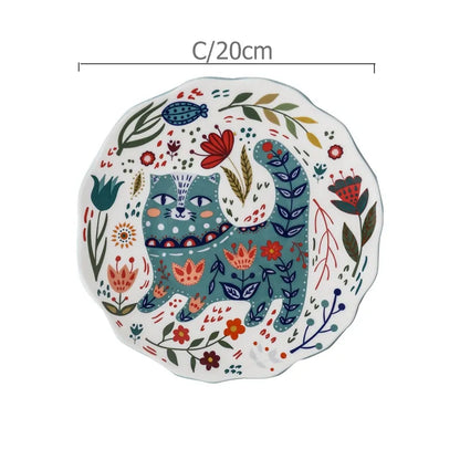 Colorful  Flower Kitten Under Glazed Ceramic Dinner Plate